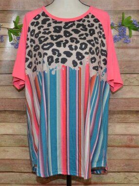 Crazy Train Ladies Striped Animal Print T-Shirt Size XXL Stretch Short Sleeve